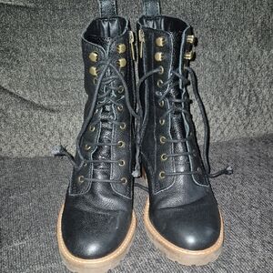 Crown Black Leather Combat Boots